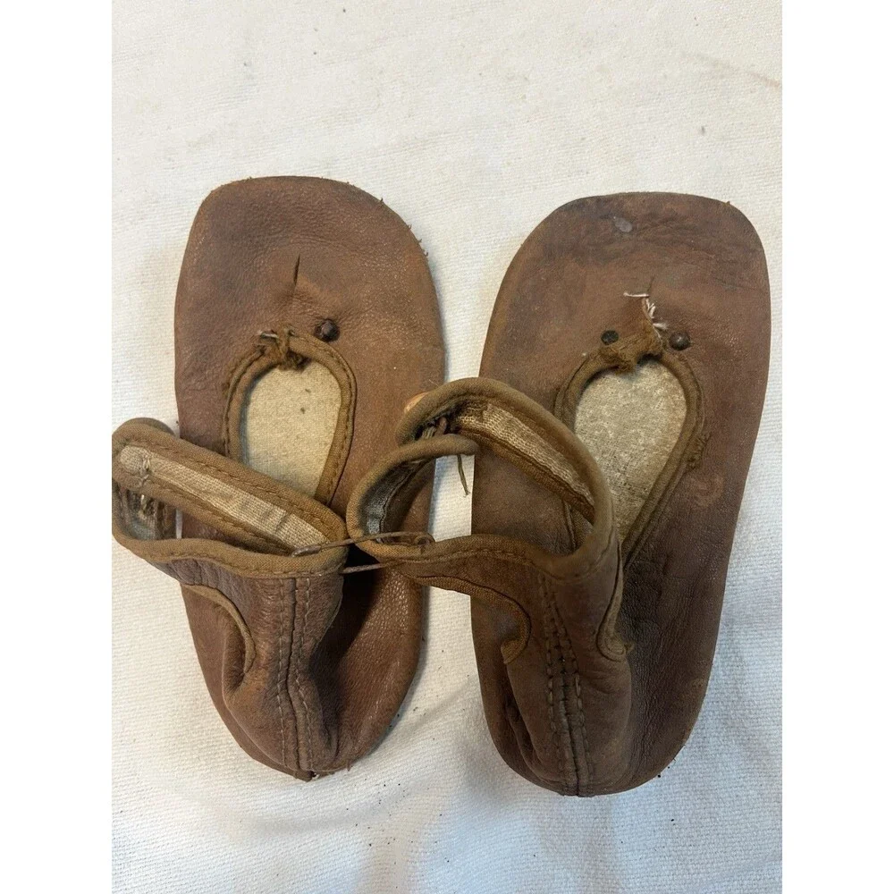 Antique Vintage Baby Shoes Brown Leather Ankle Strap Soft Sole Primitive